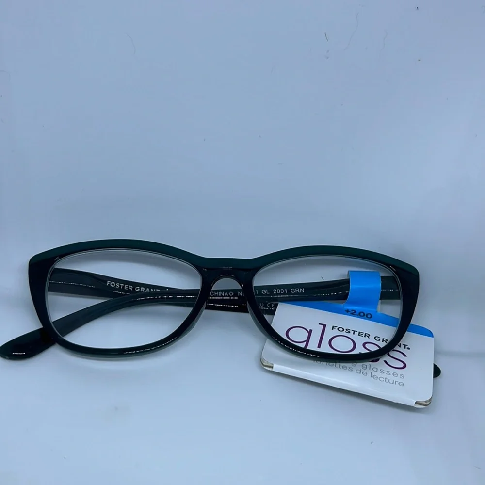 NWT Foster Grant Women's Gloss GL 2001 GRN GREEN Reading Glasses +2.00 Black